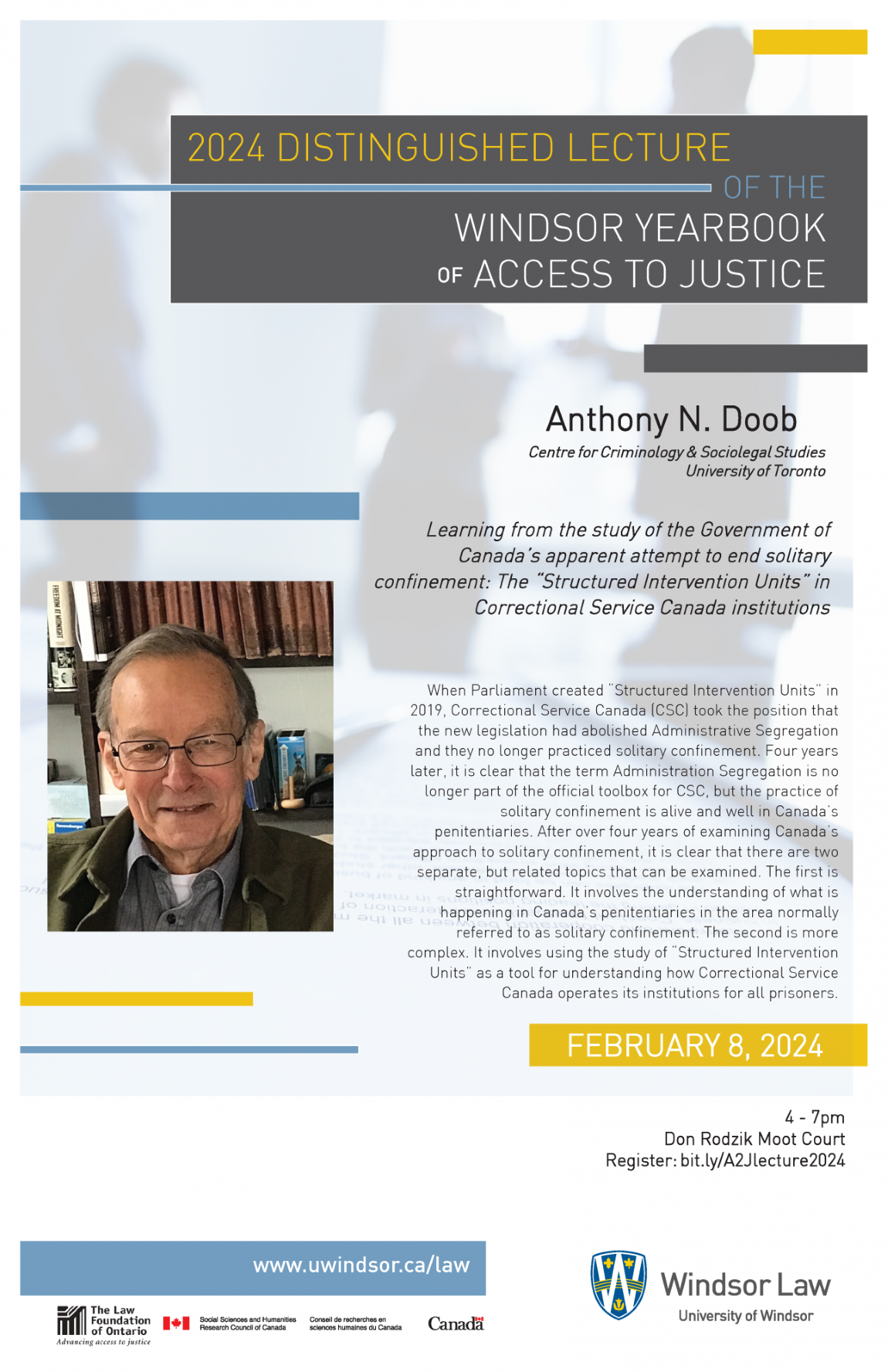 Poster for Tony Doob lecture February 8, 2024 at Windsor Law