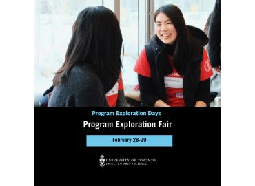Students interacting at Program Exploration Days. On screen text reads “Program Exploration Days.  Program Exploration Fair. February 28-29”