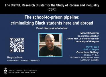 Event graphic for May 9, 2024, School-to-prison pipeline