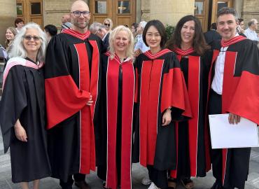 Convocation Day! Newly minted CrimSL PhDs and their supervisors gather proudly outside Convocation Hall, June 2, 2023.(L-R): Professor Audrey Macklin, Director, Centre for Criminology and Sociolegal Studies; Dr. Grant Valentine; Professor Paula Maurutto; 