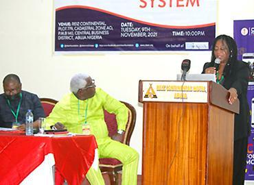 Kamari Clarke speaking at the Early Warning Early Response launch event in Abuja, Nigeria