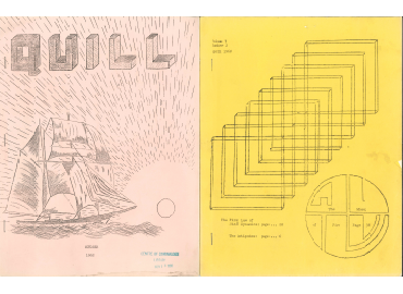 Front covers of issues of The Quill (1960-1969), a periodical written, and printed by the patient-inmates at the Oak Ridge Psychiatric Unit in Penetanguishene, ON.