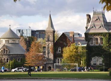 U of T campus soccer game in front of University College